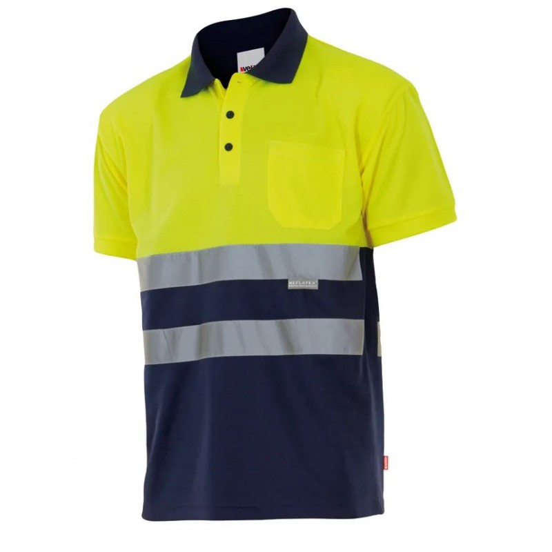 Polo alta visibilidad manga corta 173 amarillo flúor azul marino,  VELILLA