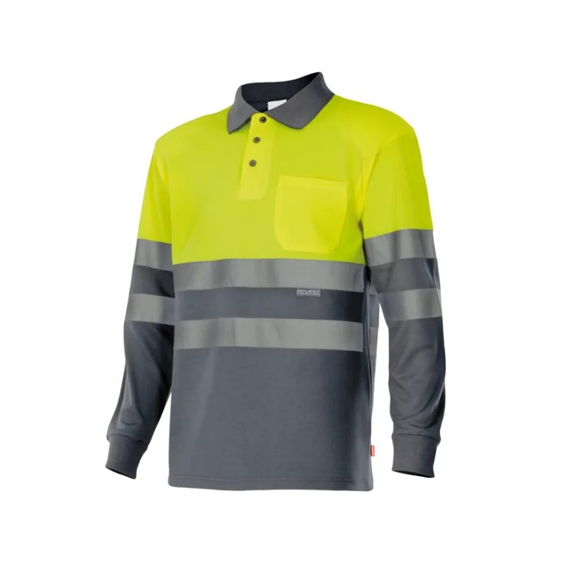 Polo alta visibilidad manga larga gris amarillo flúor Ref. 175, VELILLA