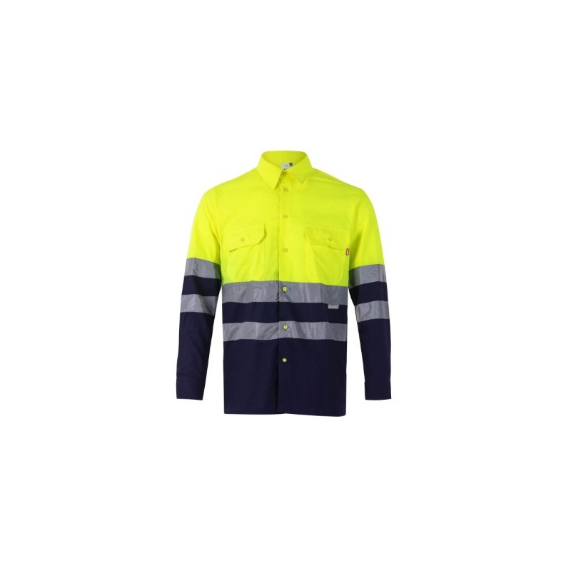 Camisa alta visibilidad HOMBRE manga larga, Azul Marino con Amarillo Flúor