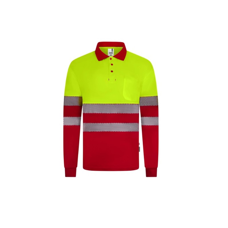 Polo poliéster reciclado alta visibilidad manga larga rojo amarillo flúor,...