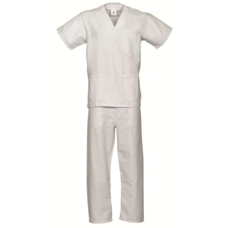 Pijama laboral blanco unisex cuello pico compuesto de chaqueta y pantalón....